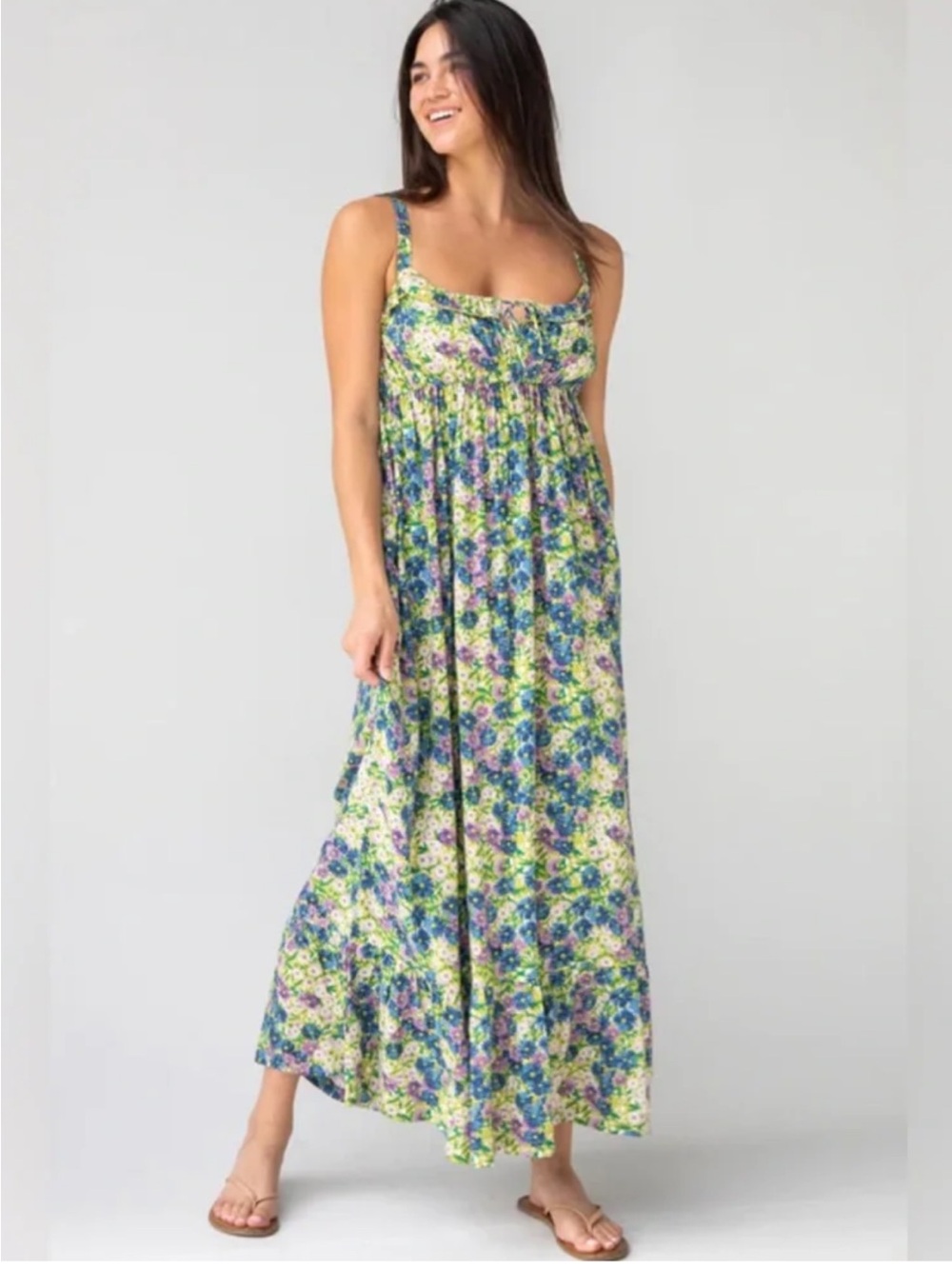 Natural Life Elizabeth Green Floral Maxi Dress Boho Sundress Size XL